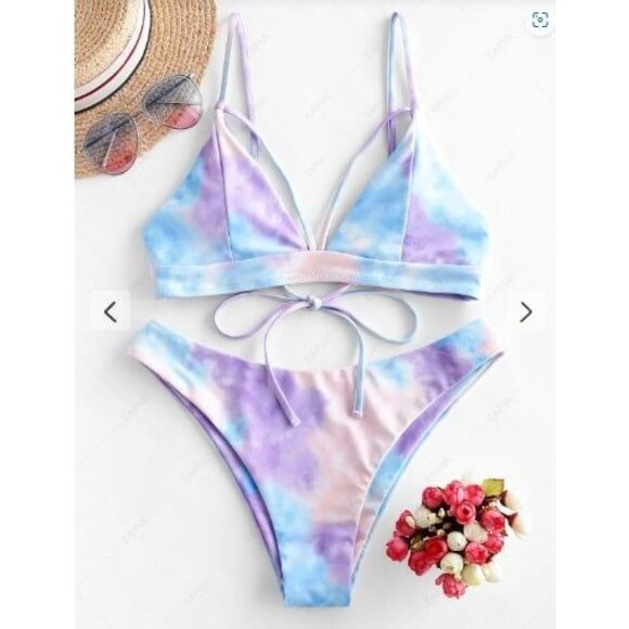 NWT Womens Tie Dye Strappy Bikini Swimsuit purple pink Multicolor sz L (8) - Picture 2 of 7